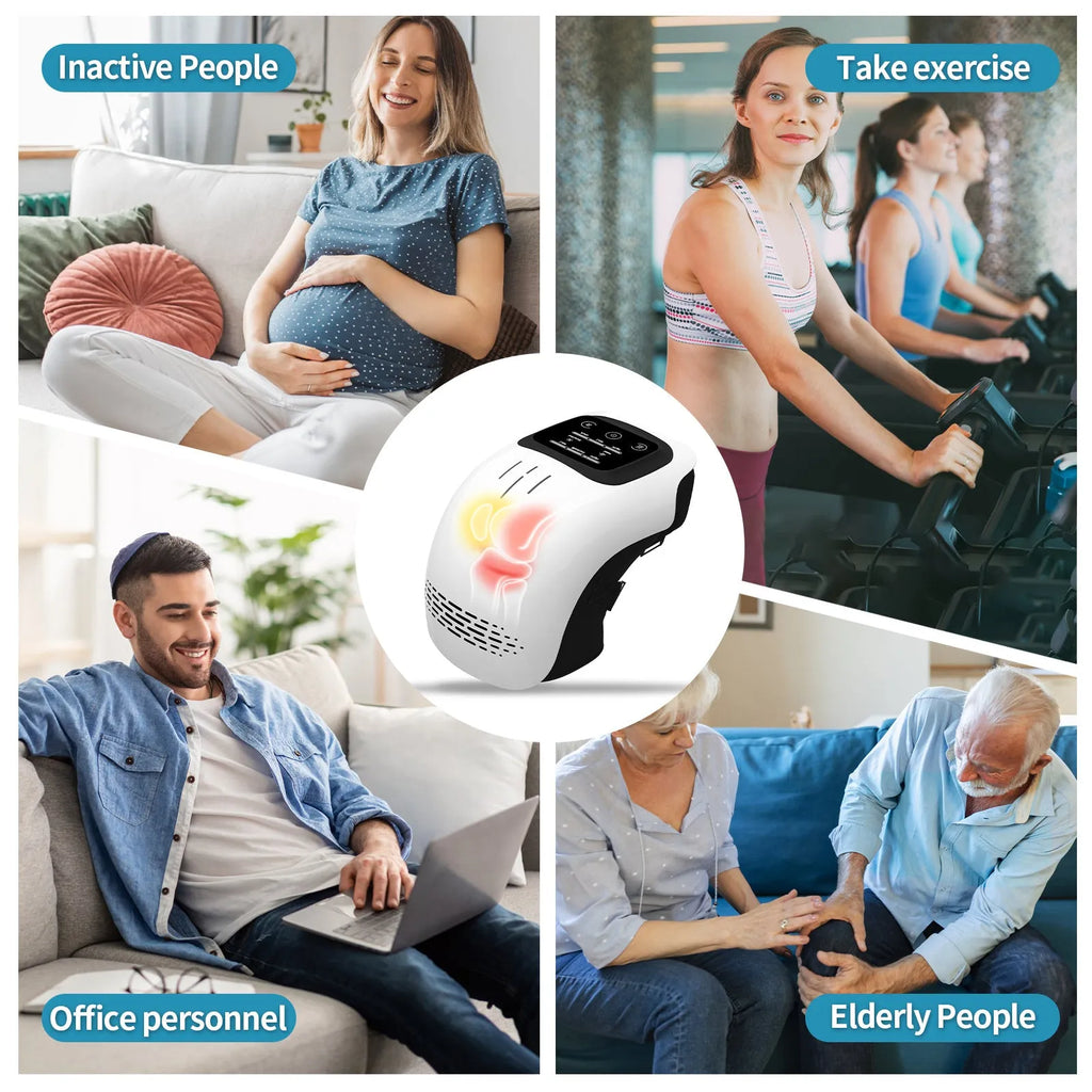 Rechargeable electric knee massager in white or wood colour with USB charging cable
