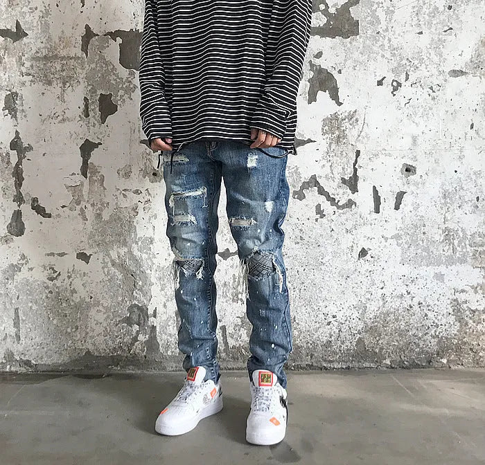 Occasional High Street black broken jeans for men with patch detailing and straight leg