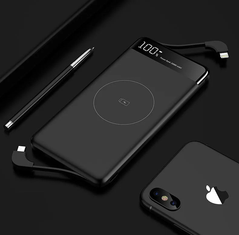 Thin 10000mAh wireless power bank with digital display and built-in cable in black