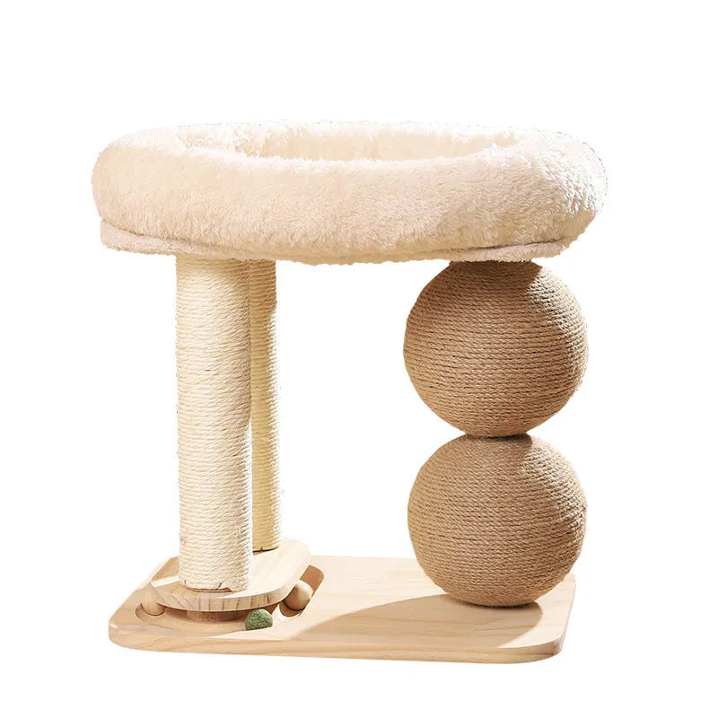 Pine wood cat bed with two sisal-wrapped scratching posts and dual ball toppers