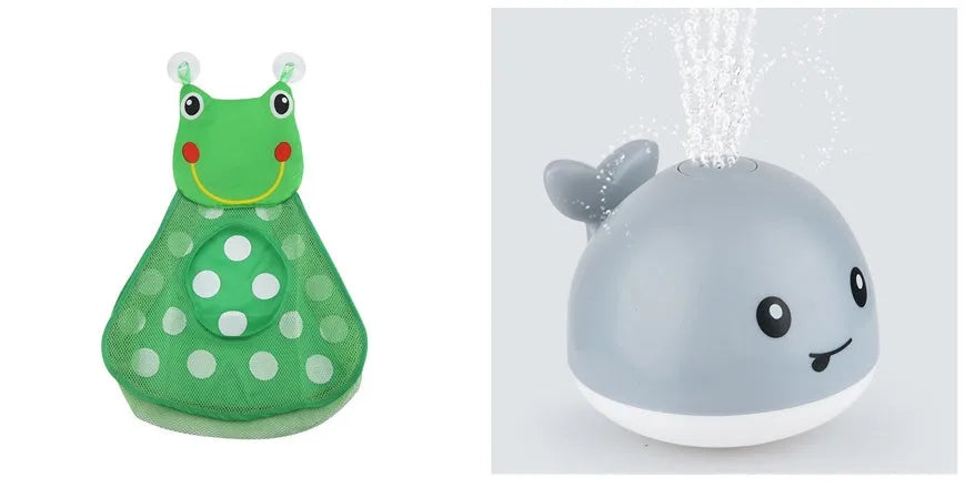 Automatic electric whale bath toy spraying water with LED lights on, floating in a baby bath.