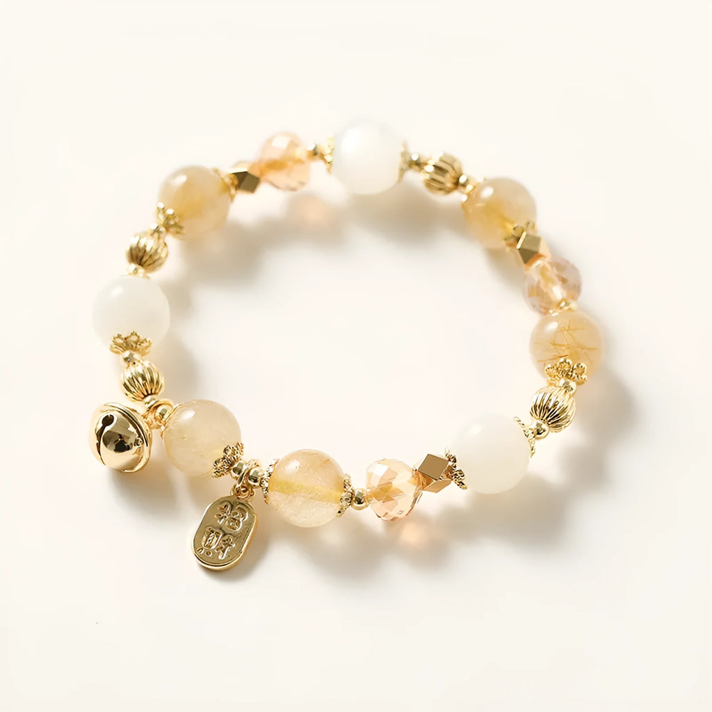 Gold rutilated quartz crystal bracelet with electroplated finish in Korean style design