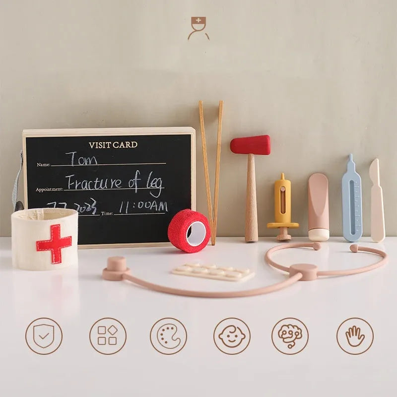 Wooden children's doctor toy set with stethoscope and medical suit for imaginative role play