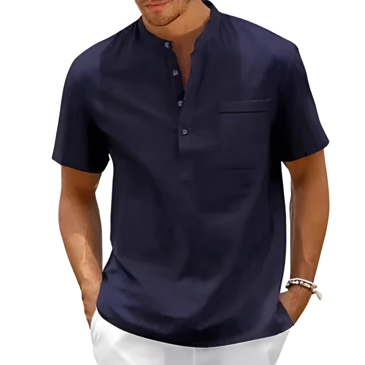 Men's solid colour stand collar short sleeve polo shirt in lightweight polyester fabric.