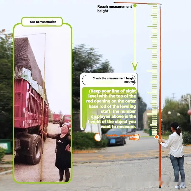 Telescopic fibreglass height measuring rod extended vertically, showing clear measurement scale against a truck for size comparison.
