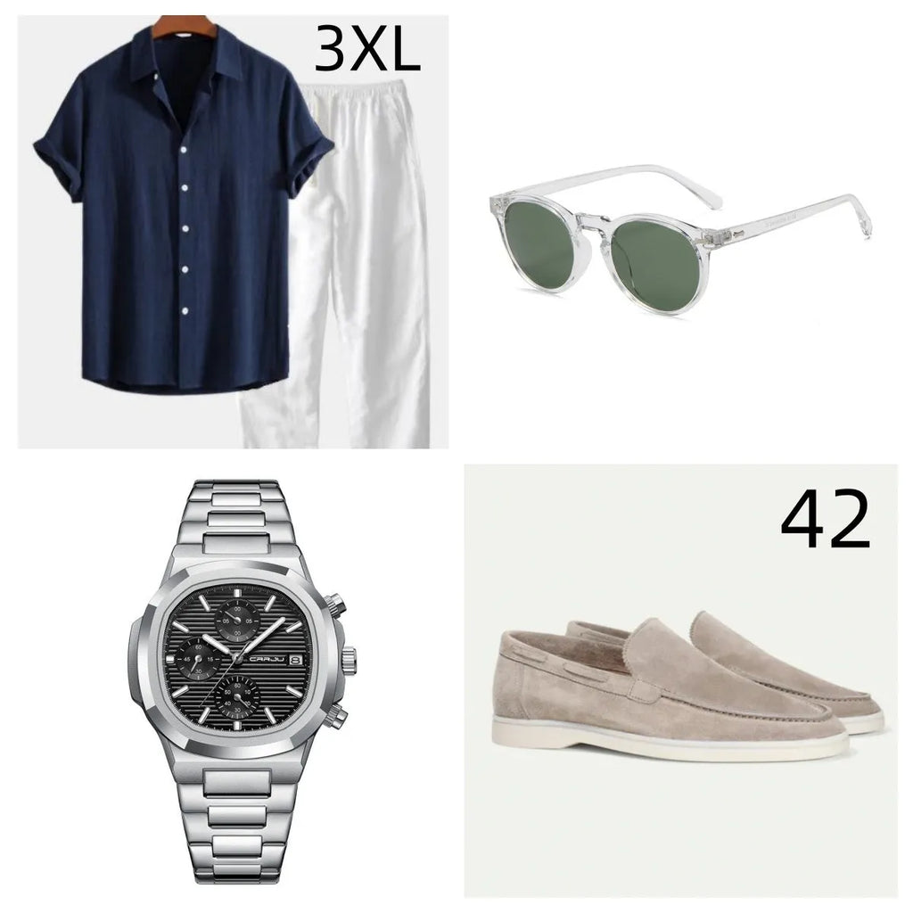Navy blue casual cotton linen short sleeve summer suit with glasses, shoes, and watch accessories
