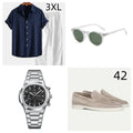Navy blue casual cotton linen short sleeve summer suit with glasses, shoes, and watch accessories