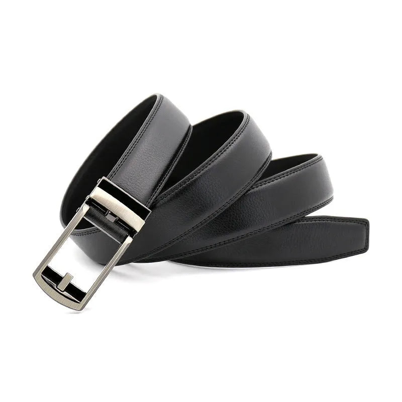Men's cowhide belt with gun colour metal buckle on black ribbon body, laid flat against a neutral background