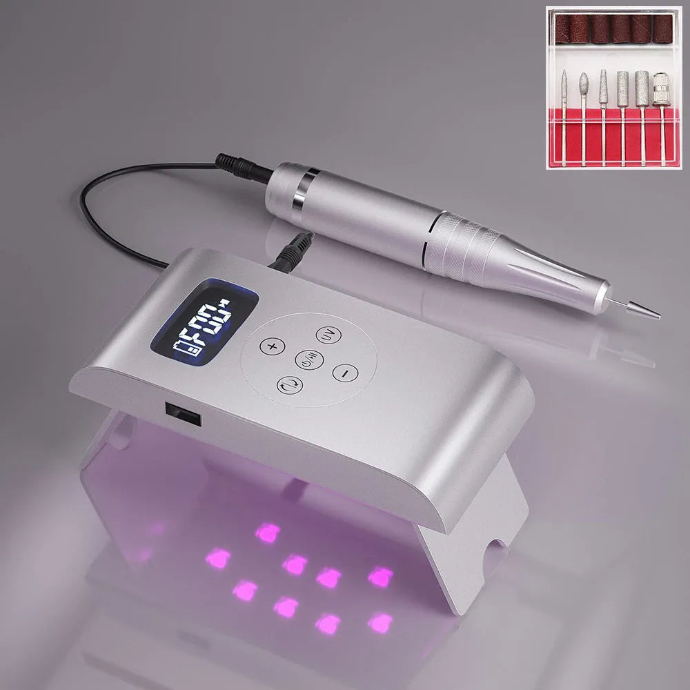 Battery nail polisher with stainless steel body, six bits, and sanding belt on white background