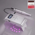 Battery nail polisher with stainless steel body, six bits, and sanding belt on white background