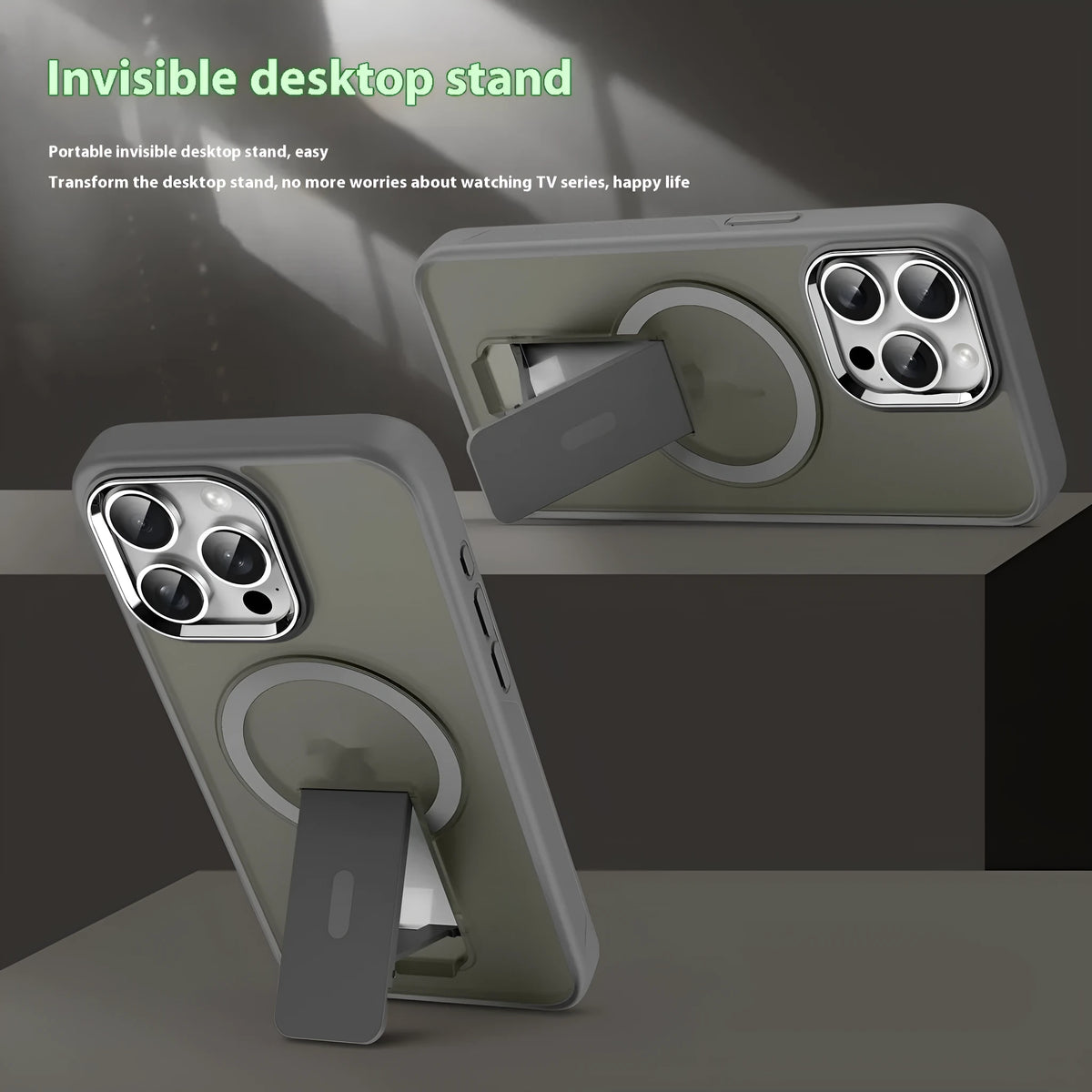 Magnetic bracket phone case with kickstand in black for iPhone 16 Pro Max, anti-fall PC material
