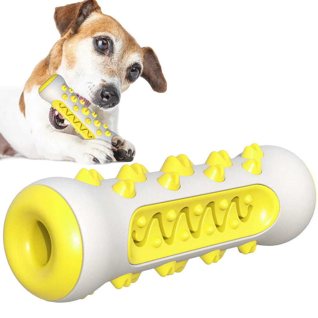 Natural rubber dog dental chew toy in blue, green, yellow, or black blue, showing textured cleaning surfaces.