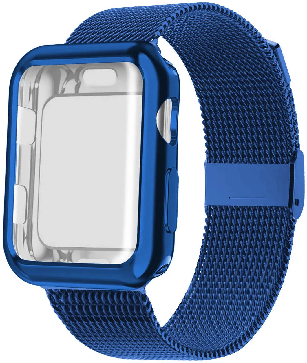 Silver magnetic Milanese loop metal band attached to an Apple Watch on a wrist.