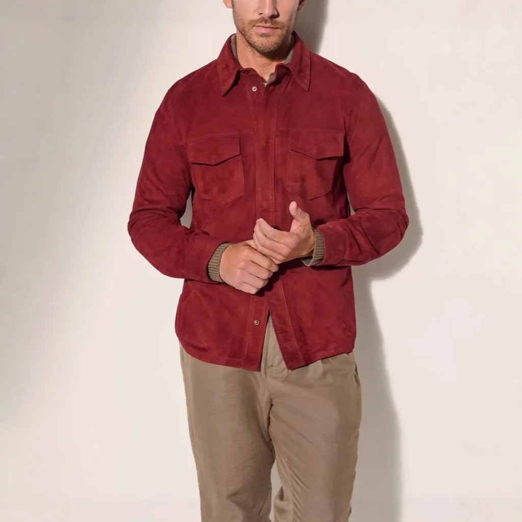 Noah Suede Shirt Jacket men's coat in brown, red, or green, polyester fibre, regular length, sizes S to XXXL.