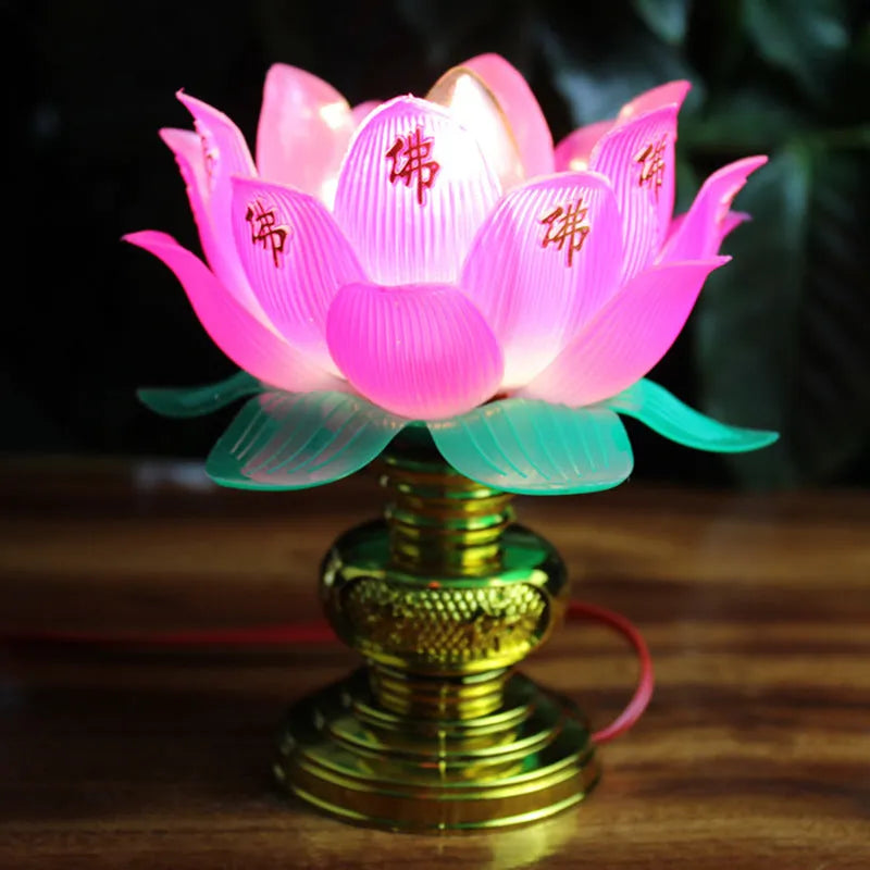 Buddha worshiping plug-in lamp featuring a colourful lotus light.