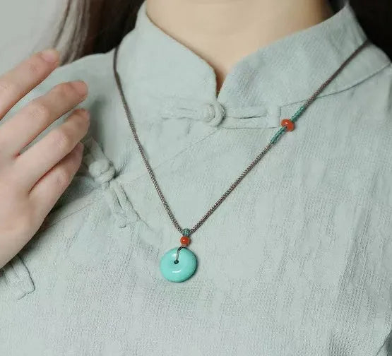 Natural turquoise polished round bread ring safety buckle pendant, 25mm, green, New Chinese style
