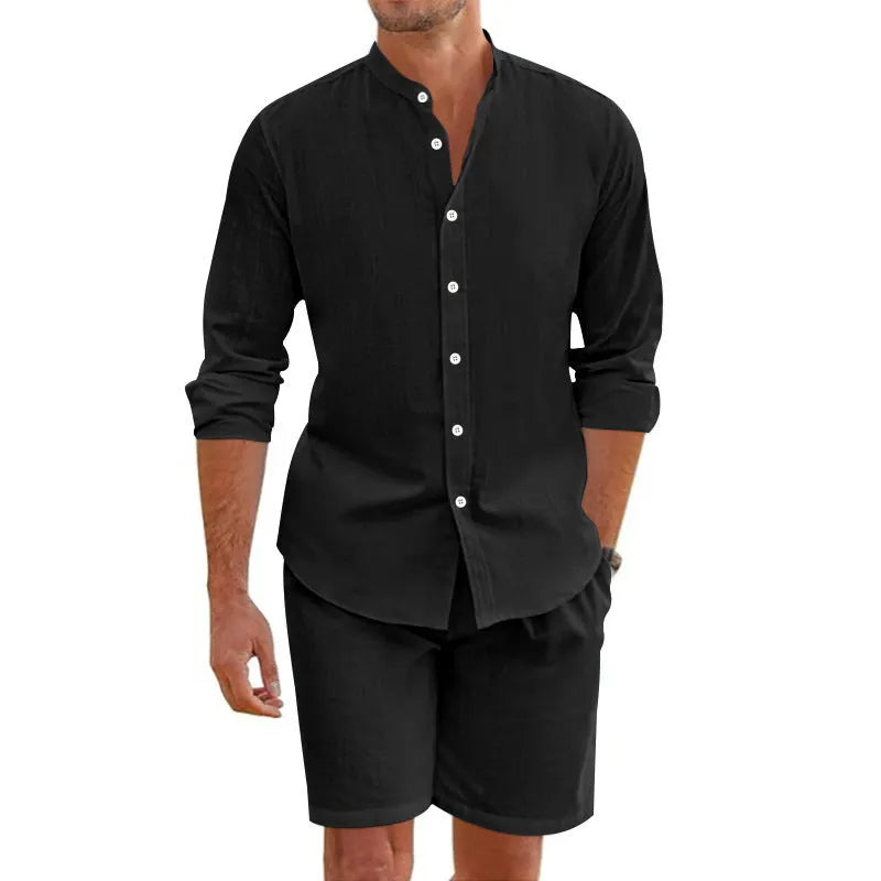Men's hemp linen beach shirt suit set with button down top and drawstring shorts in five colour options