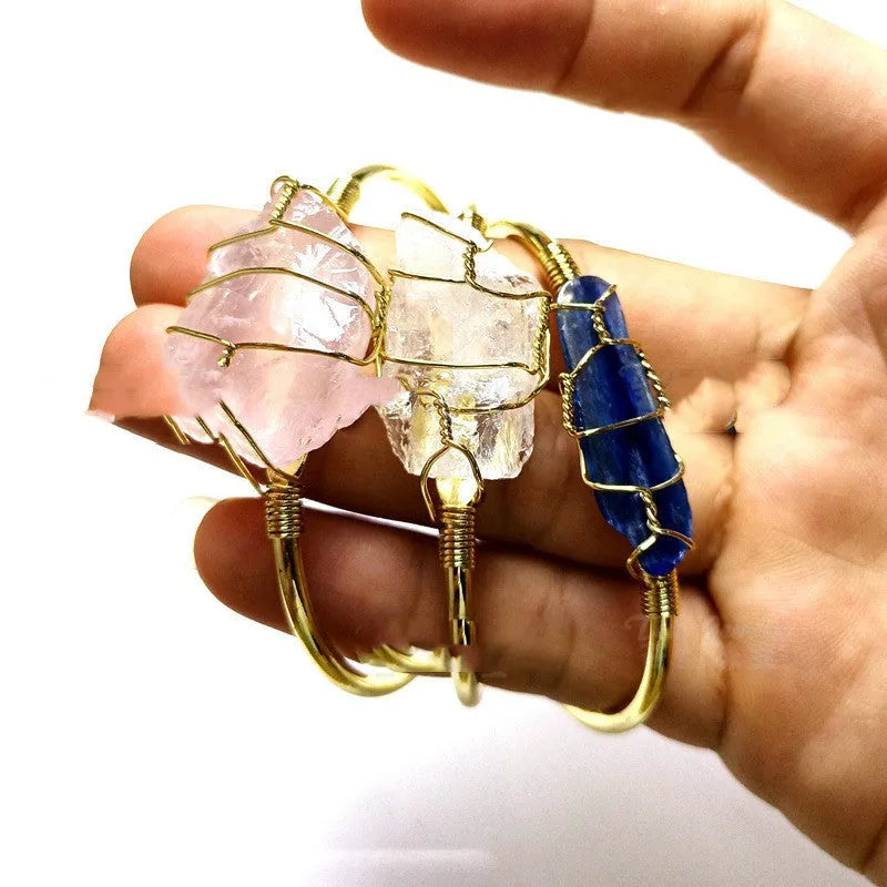 Natural crystal rough stone gold winding unshaped bracelet mixed colour on wrist