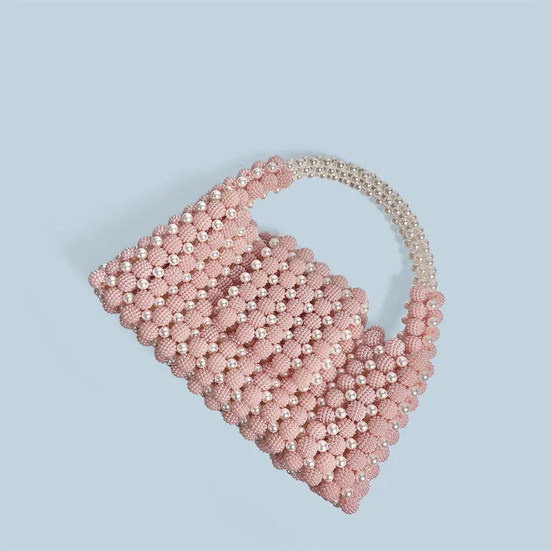 Pink handmade beaded handbag with waxberry pearl ball acrylic beads, weaved pattern, horizontal square shape
