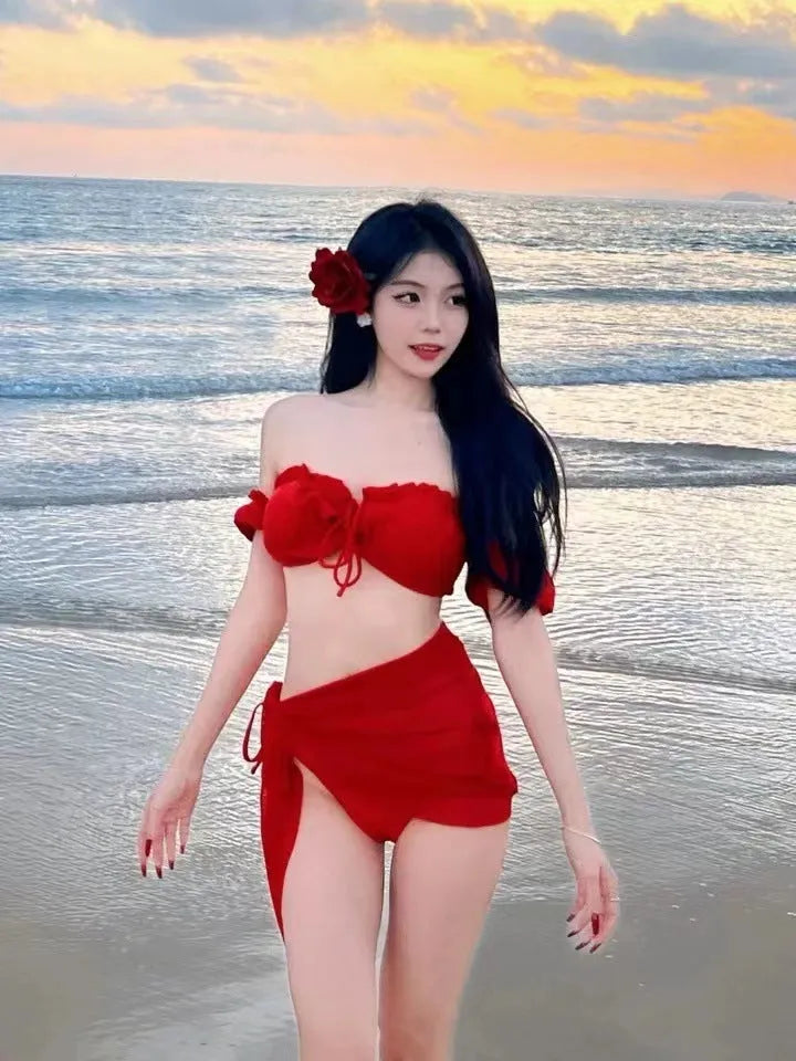 Red women's bikini swimsuit with puff sleeve skirt design in nylon fabric