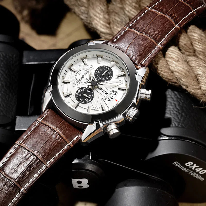 Men's multifunctional quartz watch with three subdials and luminous hands in black or brown colour options