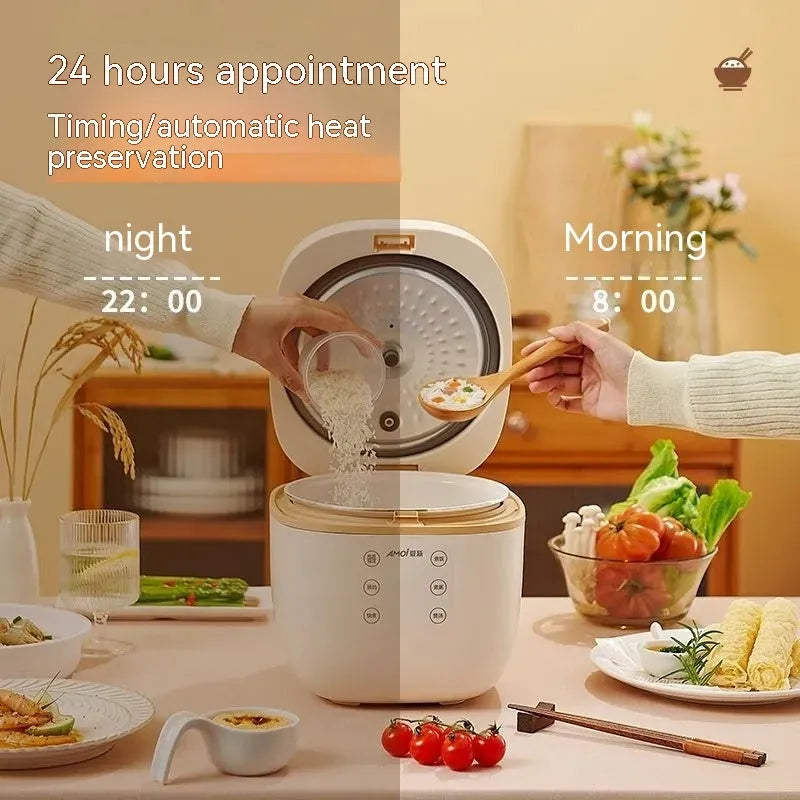 White beige intelligent multi-function rice cooker with black inner pot and accessories