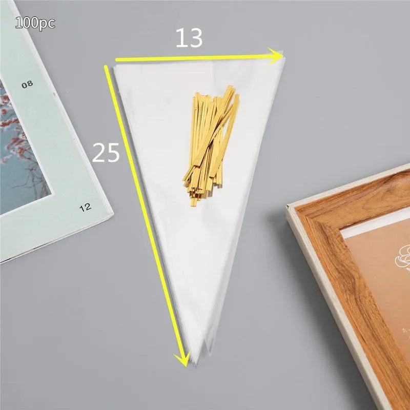 OPP triangle plastic packaging bag with integrated tie wire closure in three size options