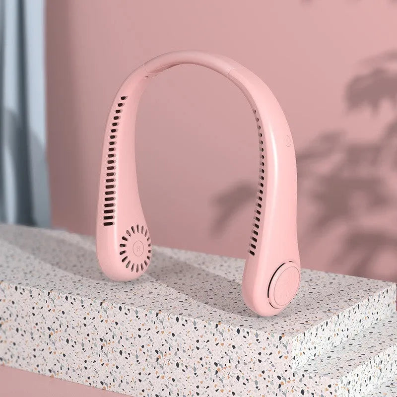 White USB rechargeable bladeless neck fan showing adjustable neckband and airflow vents