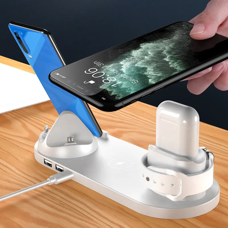 6-in-1 wireless charging dock station for iPhone and watch in Black with USB interface