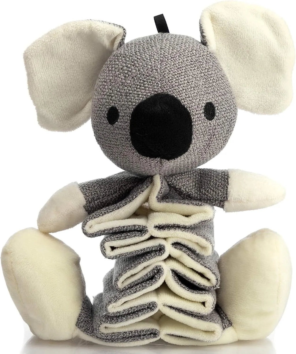 Grey koala plush dog toy measuring 30cm long with visible stitching and plush limb texture.