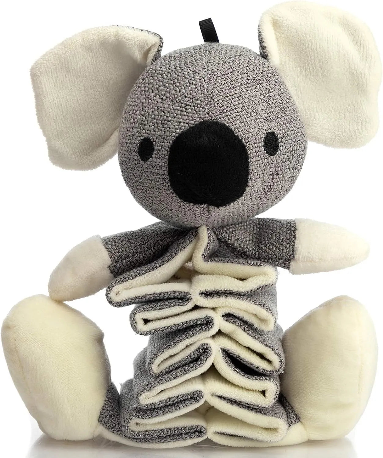 Grey koala plush dog toy measuring 30cm long with visible stitching and plush limb texture.