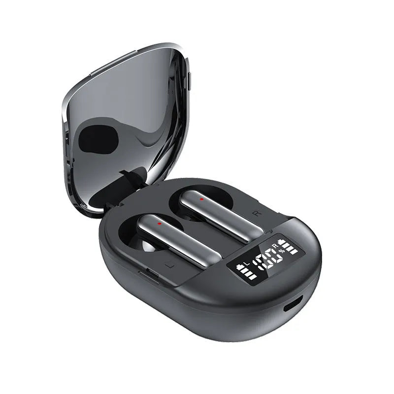 Black wireless Bluetooth in-ear headset with charging bin showing digital display screen