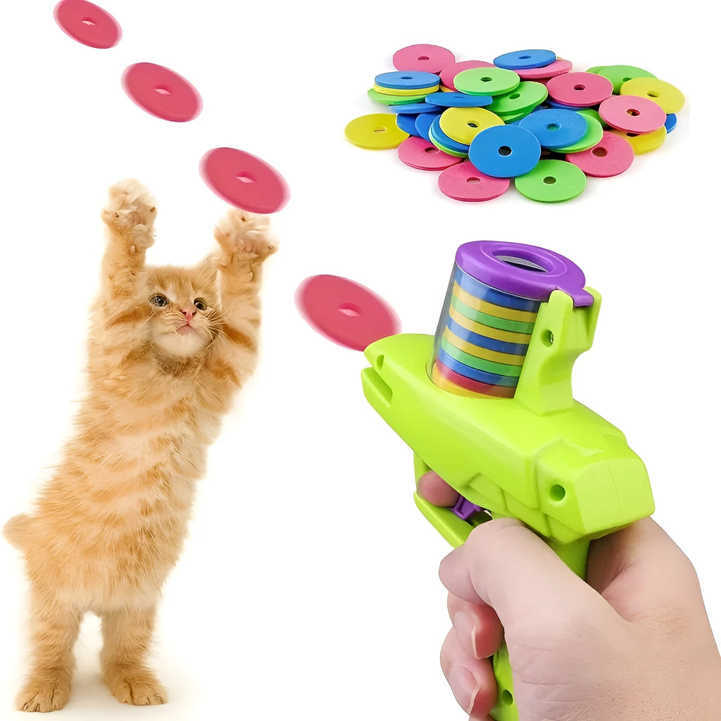 Interactive cat toy launcher with foam disc, available in green and purple colours