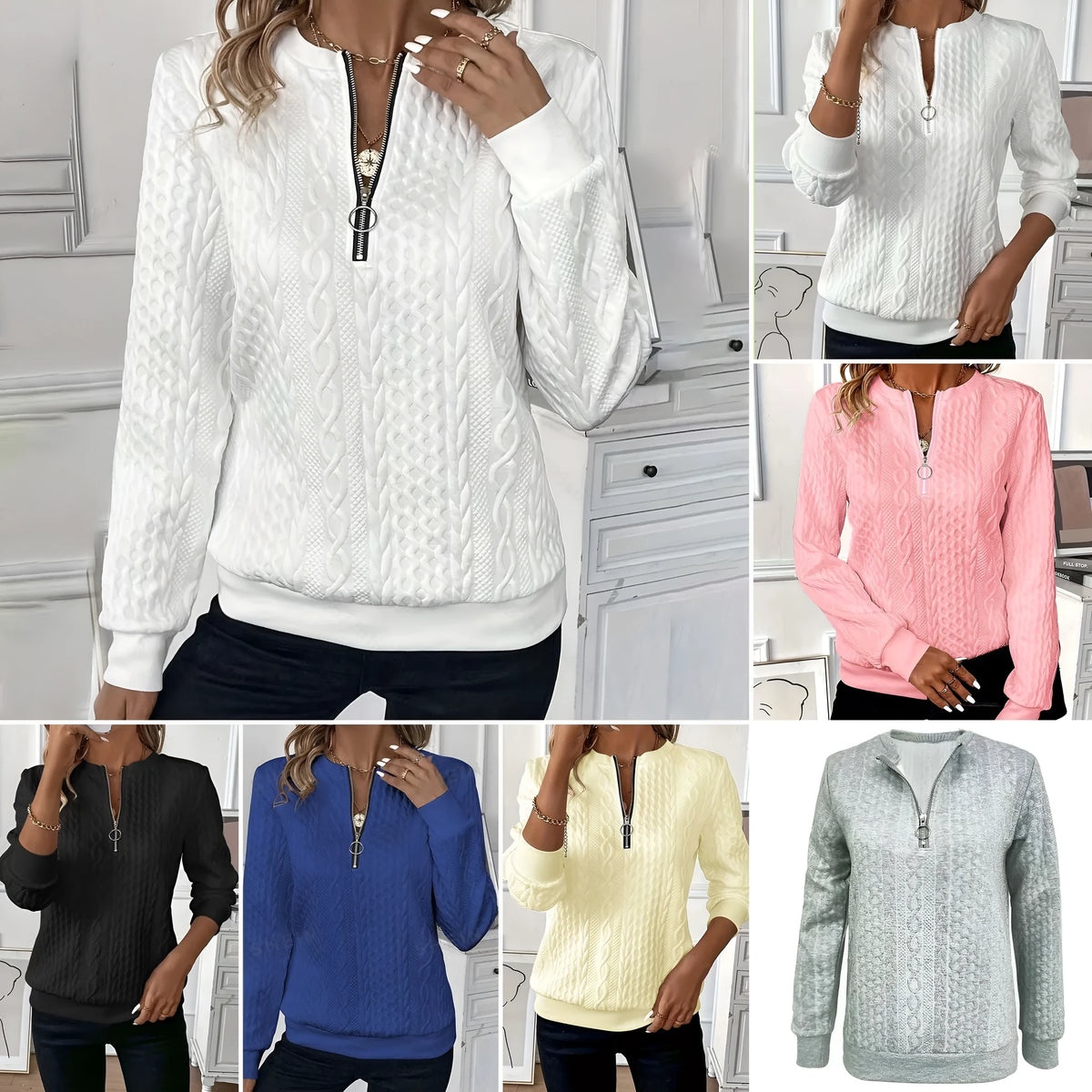 Women's loose fit zipper cardigan coat with 3D effect pattern in khaki colour, polyester fabric, front zipper closure