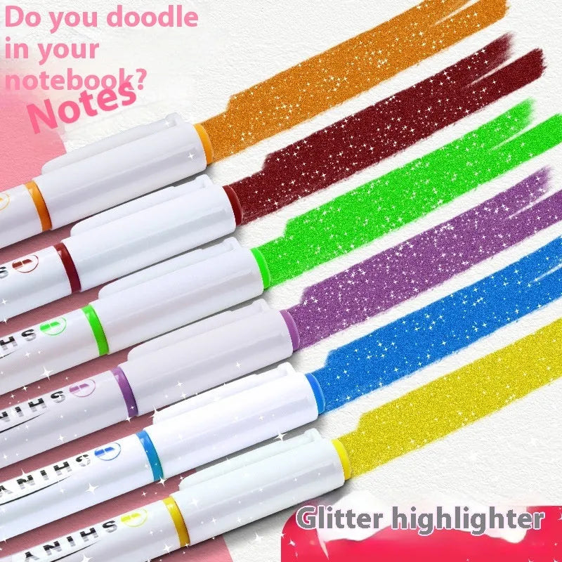 Set of four glitter highlighter pens with slanted 4mm tips in six colour variants including Taro Puff and Mung Bean Smoothie.