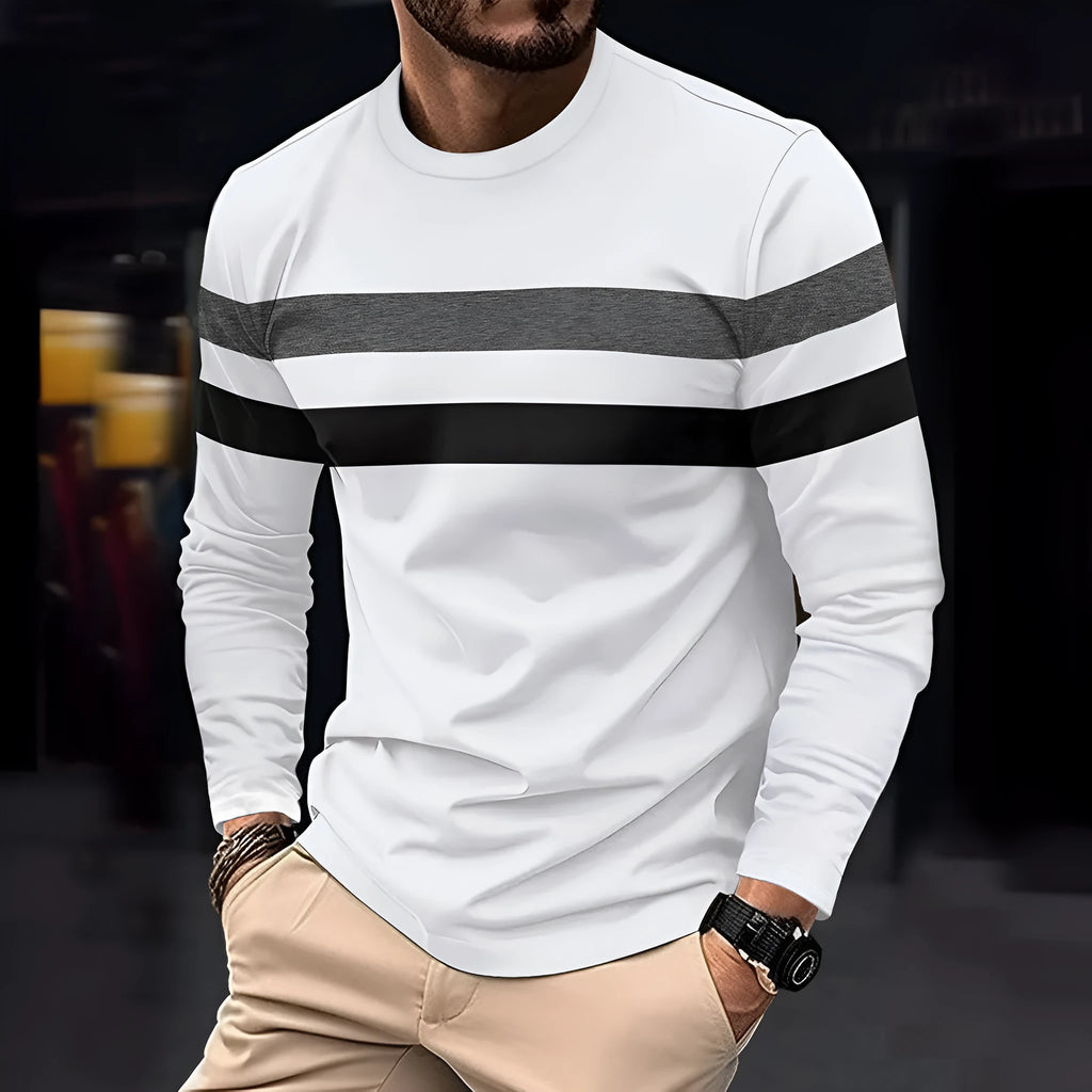 Men's casual round neck long sleeve t-shirt in loose fit, cotton blend fabric, six colour options including black and white