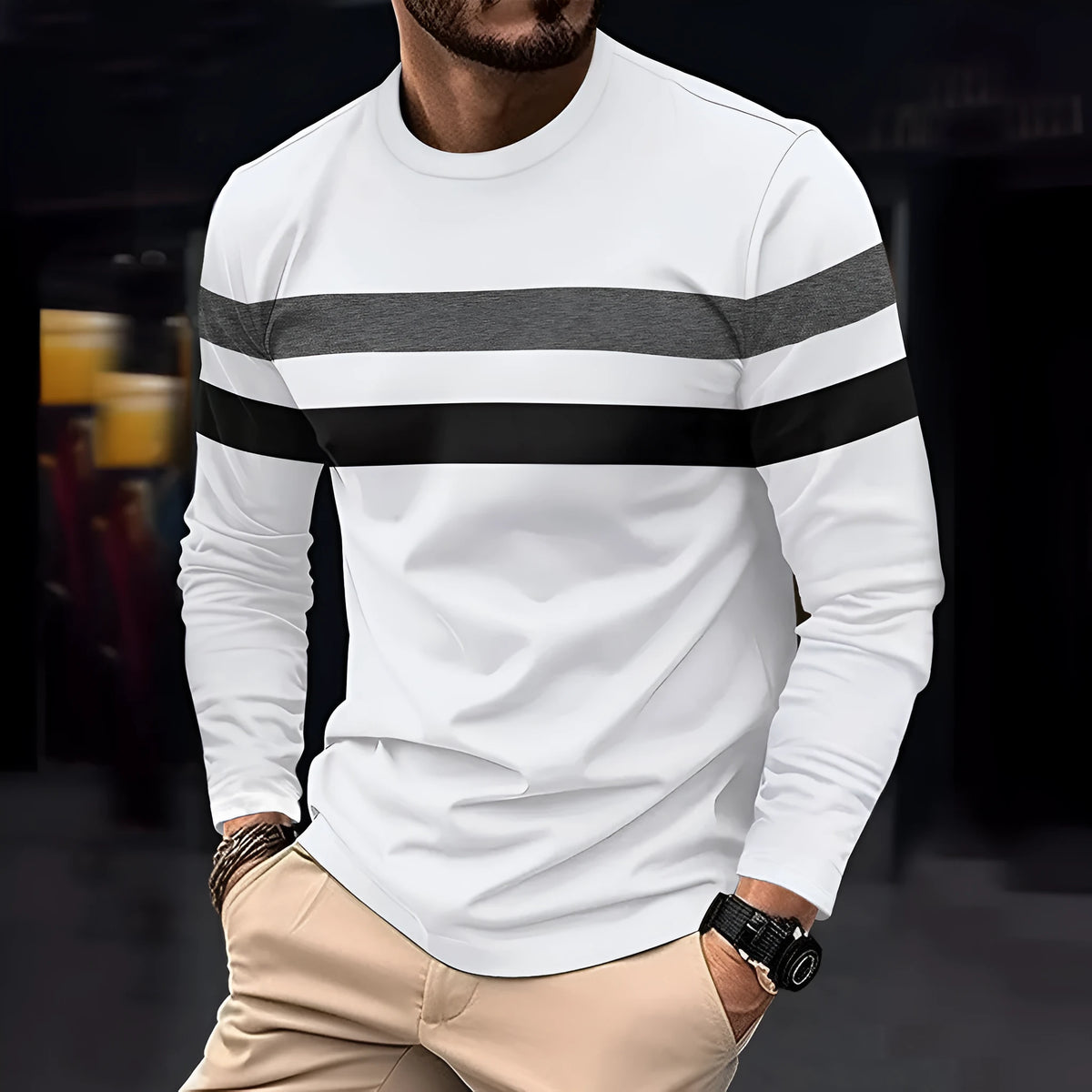 Men's casual round neck long sleeve t-shirt in loose fit, cotton blend fabric, six colour options including black and white