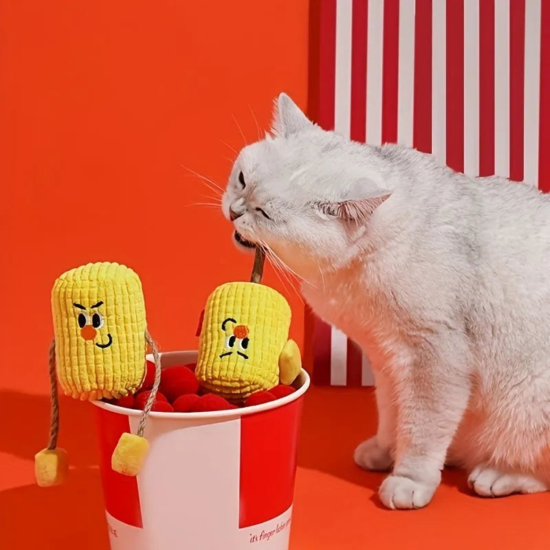 Natural polio wood corn cob shaped cat chew toy with catnip for dental cleaning on a plain background.