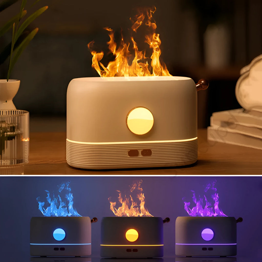 Black desktop humidifier with flame effect light and mist output, showing USB port and water tank.