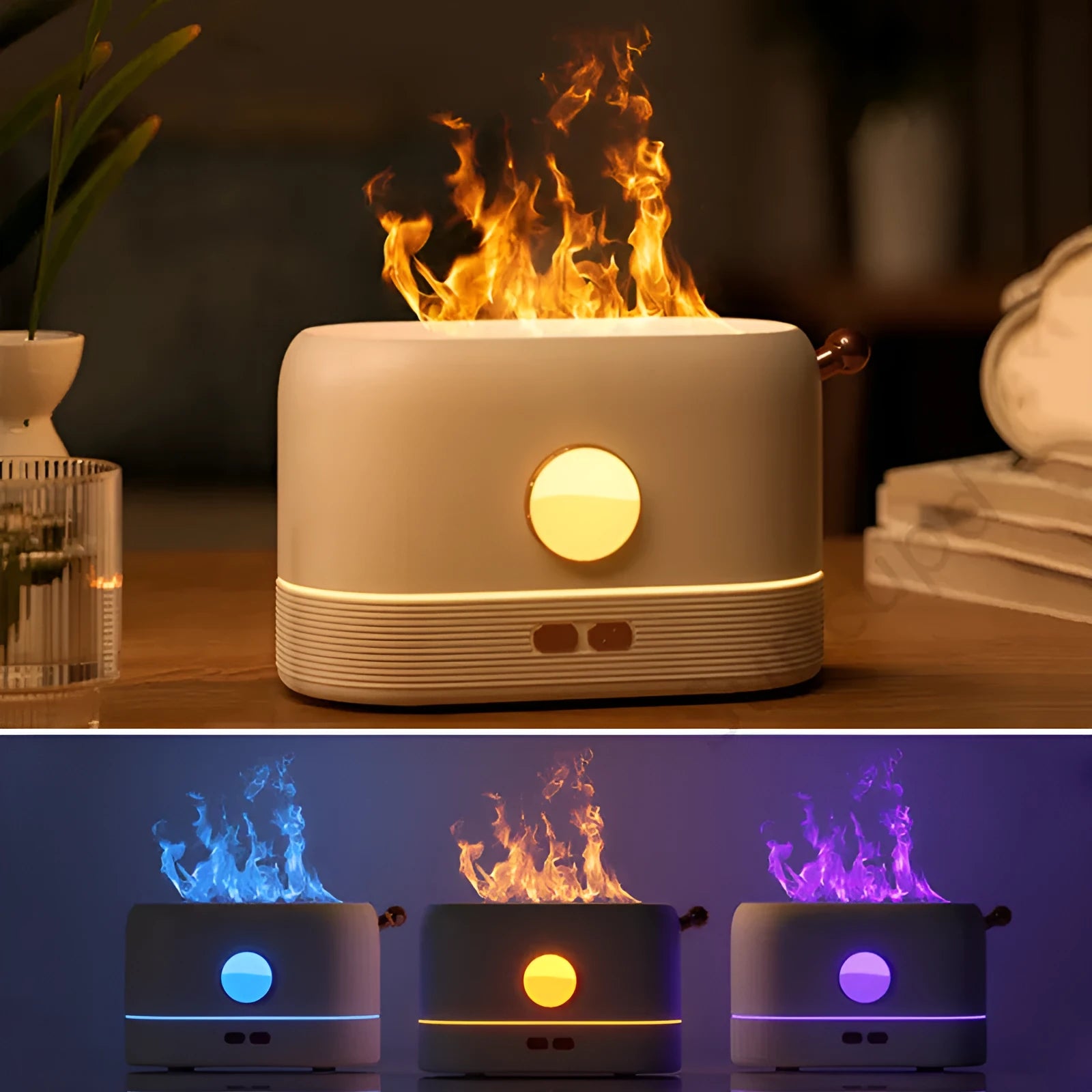 Black desktop humidifier with flame effect light and mist output, showing USB port and water tank.