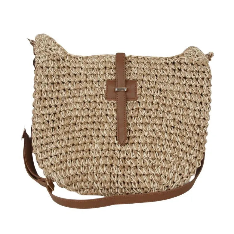 Beige handmade woven shoulder bag with sandwich pocket construction and sewing thread detailing