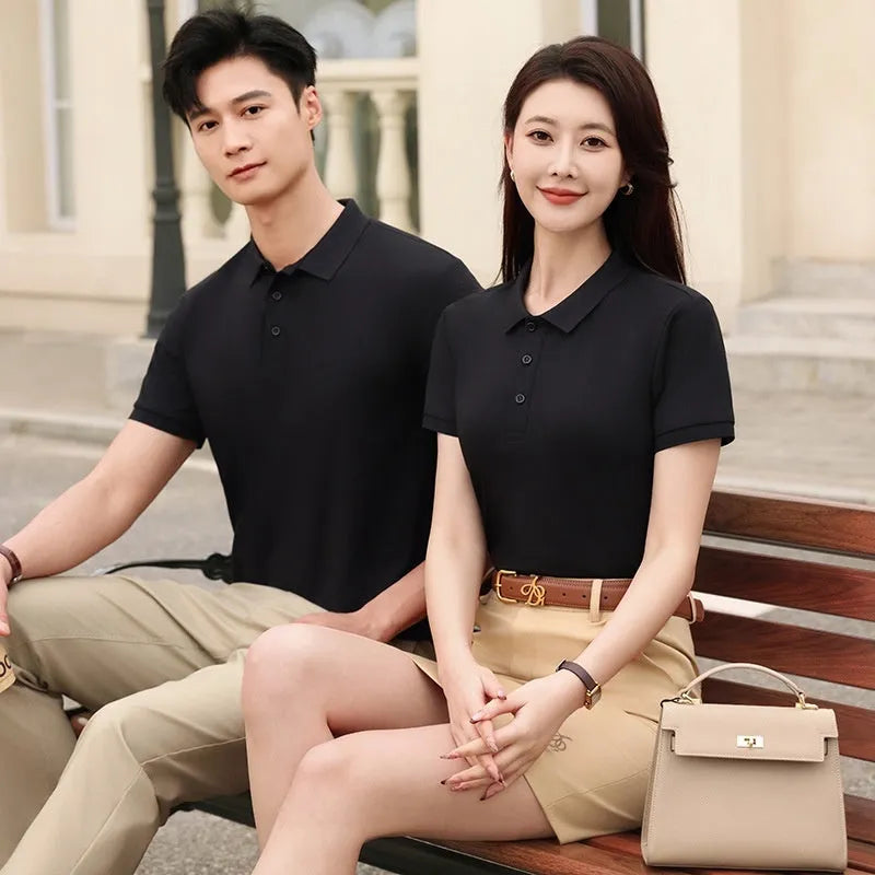 Cotton blend lapel collar polo T-shirt on a hanger, shown in Aerospace Blue colour.
