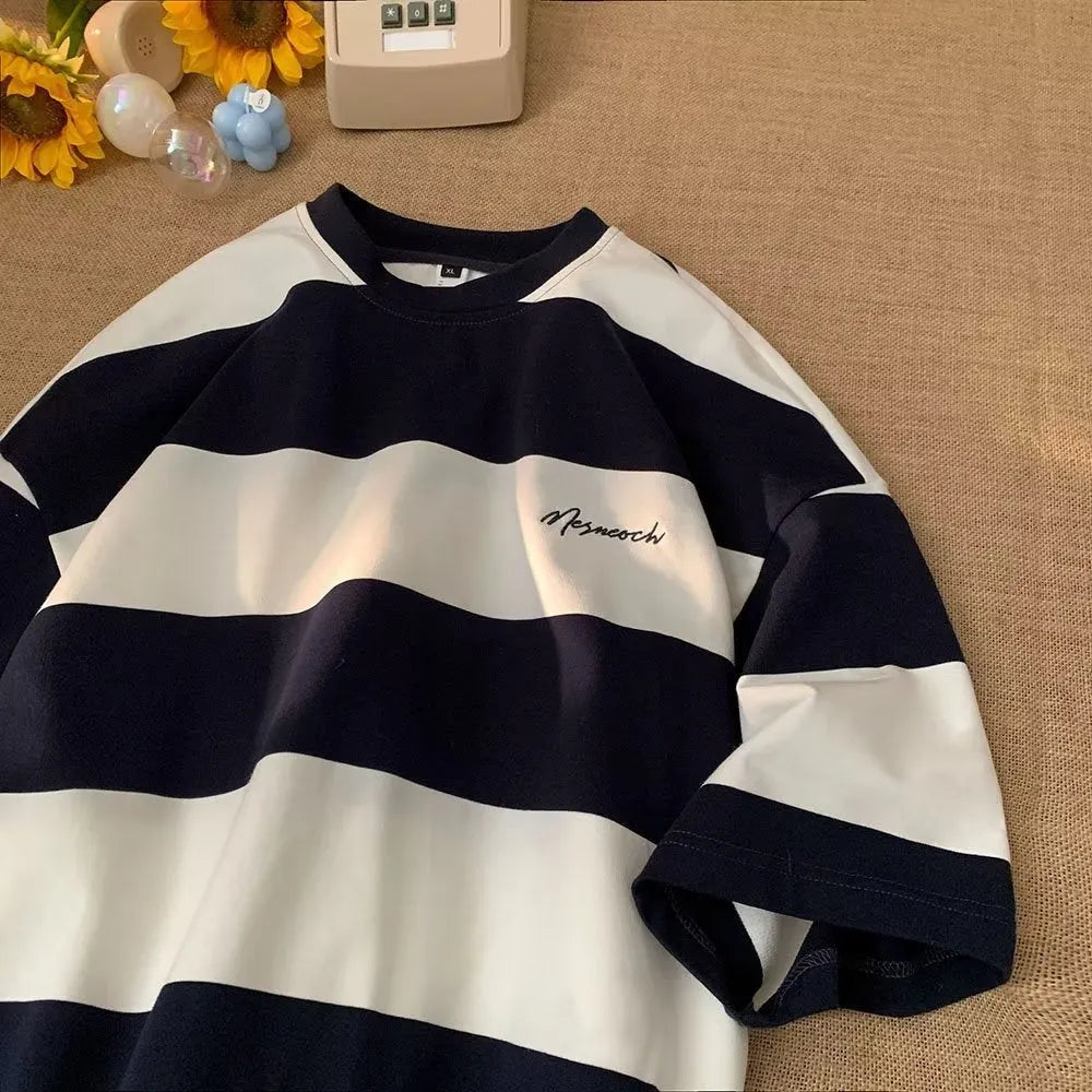 Striped half sleeve shirt in green and white, Japanese-style pullover with loose fit for men.