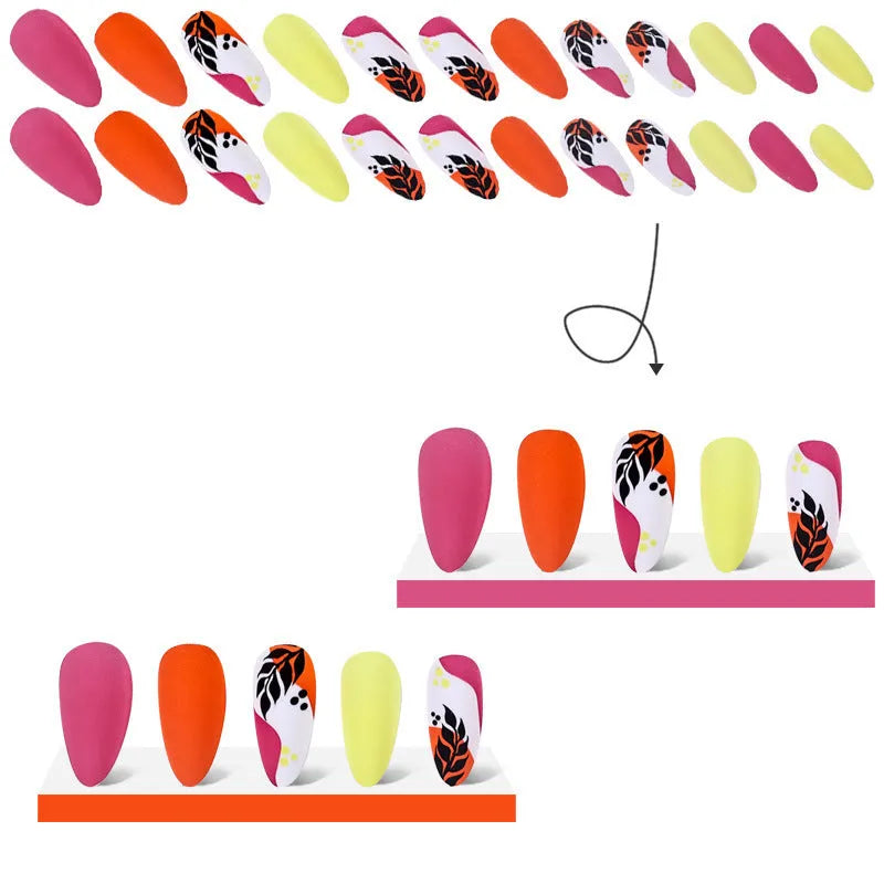 Wear Armour medium almond shaped frosted nail stickers showing four designs: French leaves, leopard print, macarons, and colour plating.