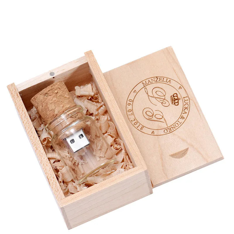 Wooden drift bottle shaped USB flash drive in chocolate colour with graphic customisation option