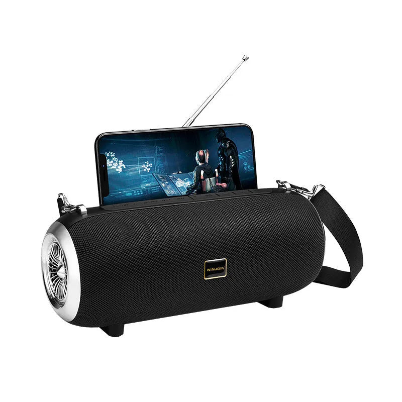 F666 portable fabric square Bluetooth speaker with shoulder strap shown in black, blue, camouflage, or red.