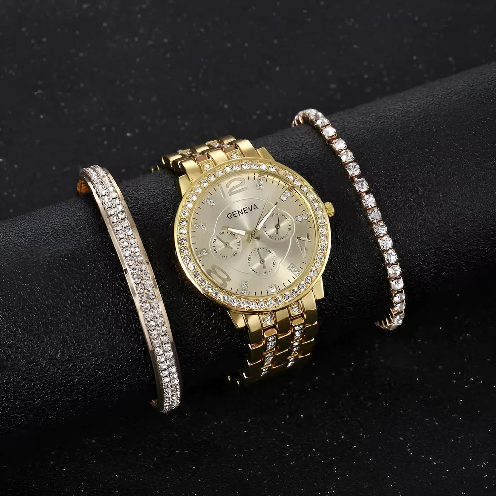 Unisex three-piece bracelet watch set in gold finish with two matching bracelets and slim 10mm watch