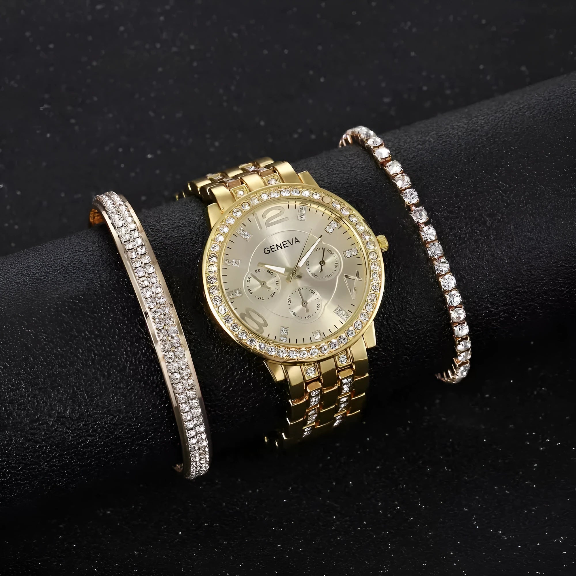Unisex three-piece bracelet watch set in gold finish with two matching bracelets and slim 10mm watch