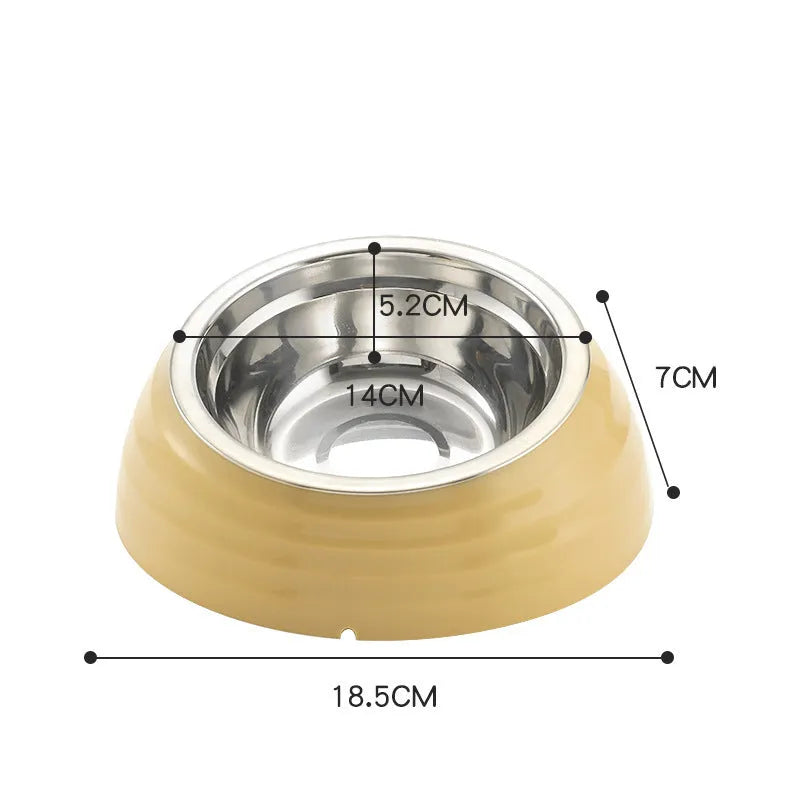 Stainless steel cat bowl in plastic base available in beige, brown, and light green colour variations