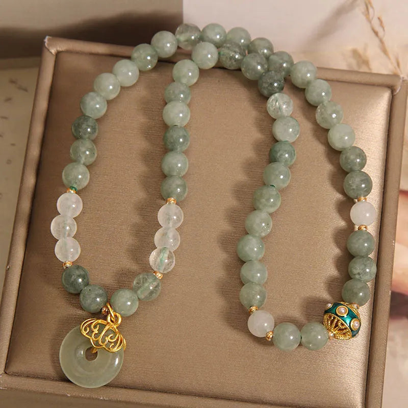 Women's double-layer aventurine jade bracelet with crystal safety buckle and rhinestone decoration